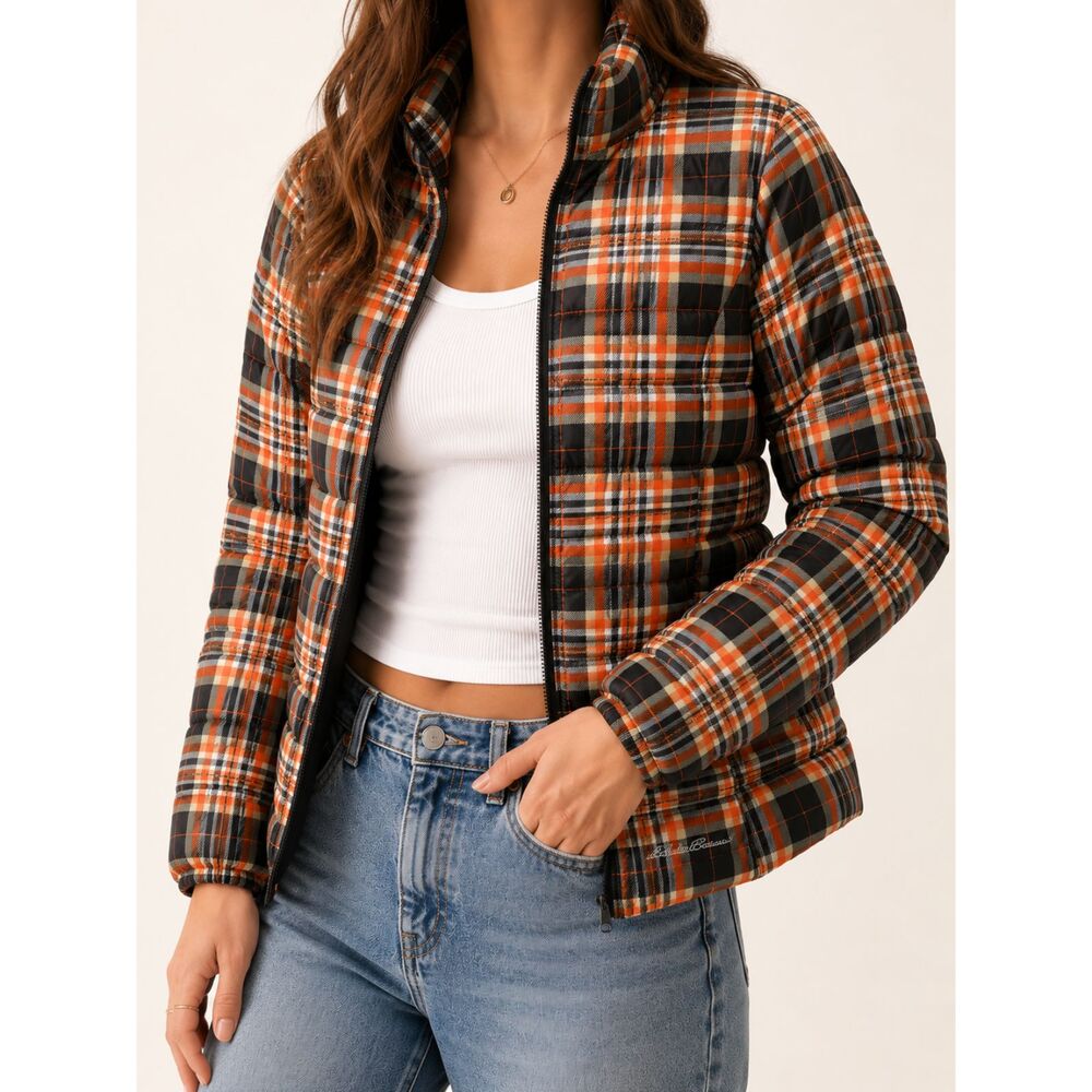 Eddie Bauer Plaid Down Puffer Jacket XS Orange Black Tartan Winter Coat